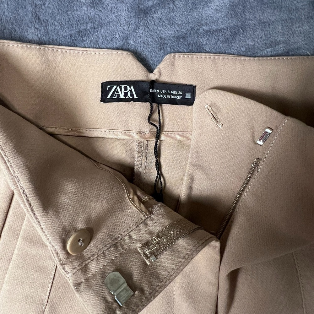 Zara Tan High Waisted Tapered Trousers Small Beige Seam Detail Dress Pants Boho - Picture 3 of 7